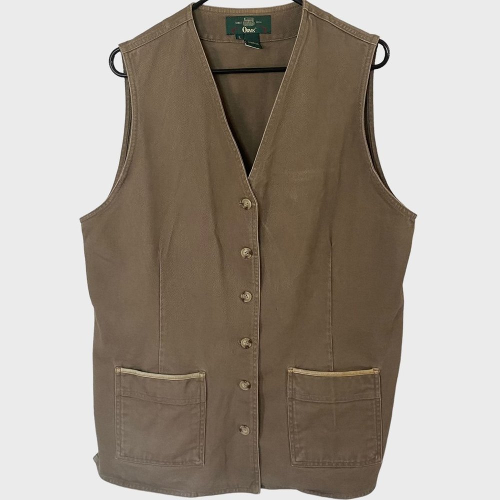 Orvis Cotton Twill Vest Womens Large Light Brown Button Front Fishing Outdoors